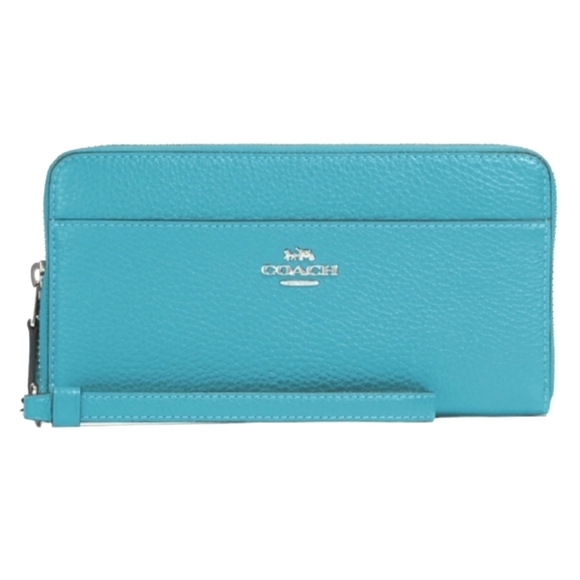 Coach Handbags - COACH Accordion Zip Wallet W/ Wristlet Strap Polished Pebble Leather Aqua 76517